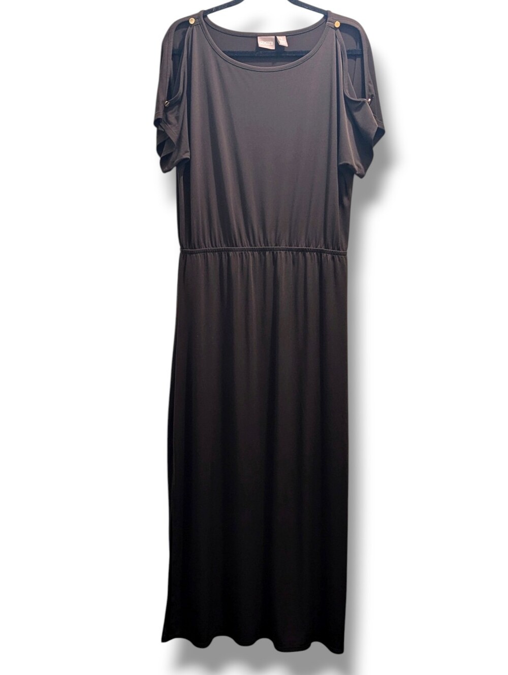 CHICO'S Francine Split Slv Maxi DRESS SOLID ROCKLEDGE BROWN- 1.5 (M/10)